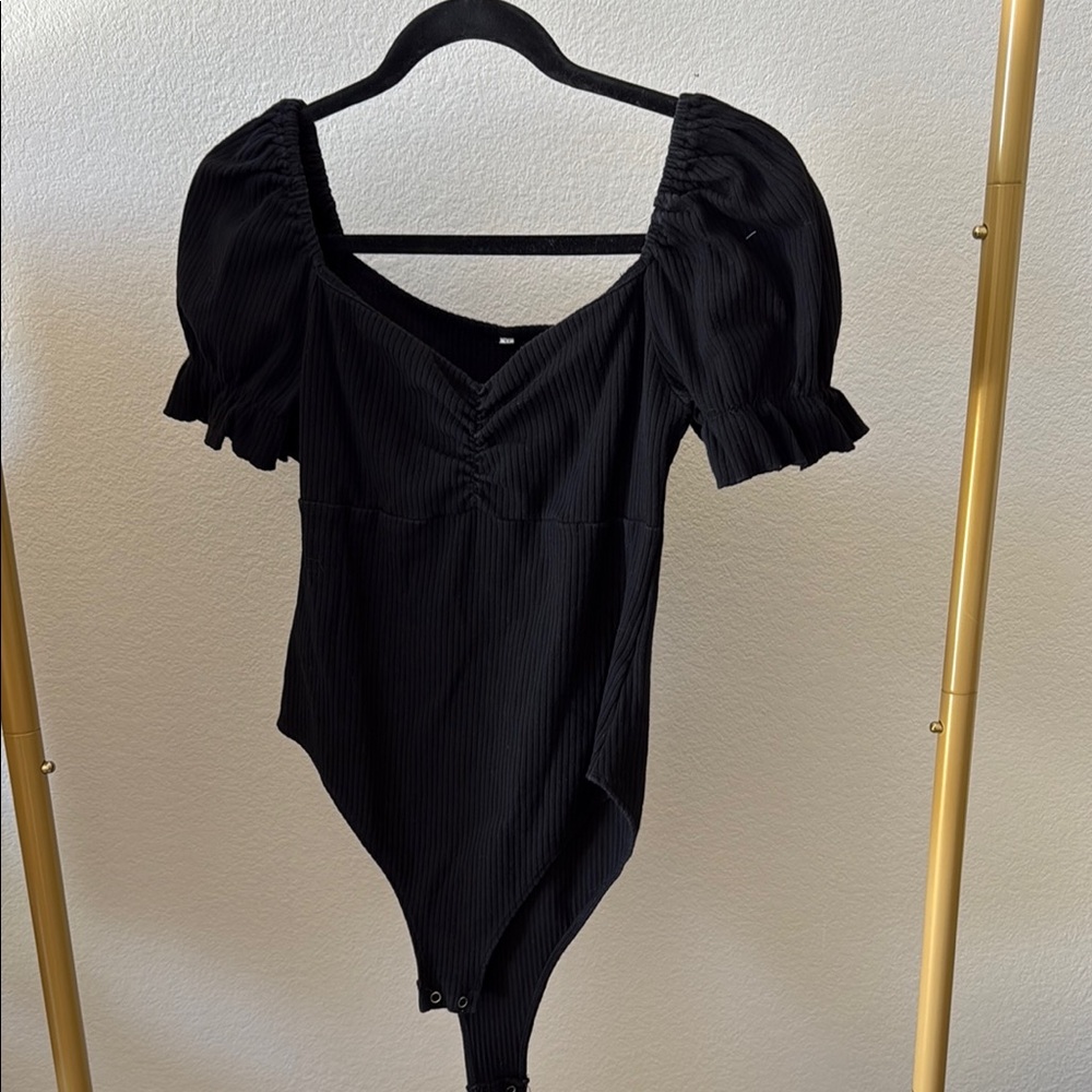 Black Puff Sleeve Bodysuit with Sweetheart Neckline